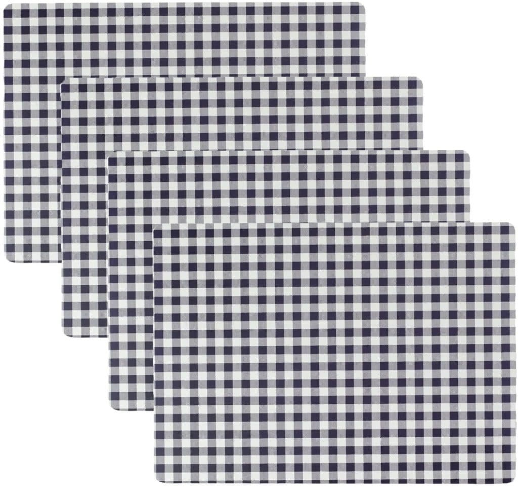 Four rectangular easy corkboard placemats with a black and white checkered gingham pattern, stacked in a staggered arrangement against a plain white background.